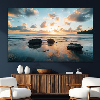23879436-SEG-FC-51X34_Oversize_Oversize-Ocean Sunset Wall Art – Serene Seascape Canvas Print with Golden Sky, Reflections on Sand and Calm Waves, Peaceful Coastal