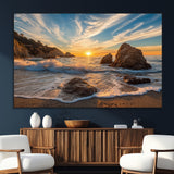 85659923-MGV-CV-36X24-Rocky Ocean Sunset Canvas Wall Art – Seaside Dramatic Seascape Print, Coastal Modern Decor, Ocean Sunset Art for Living Room or