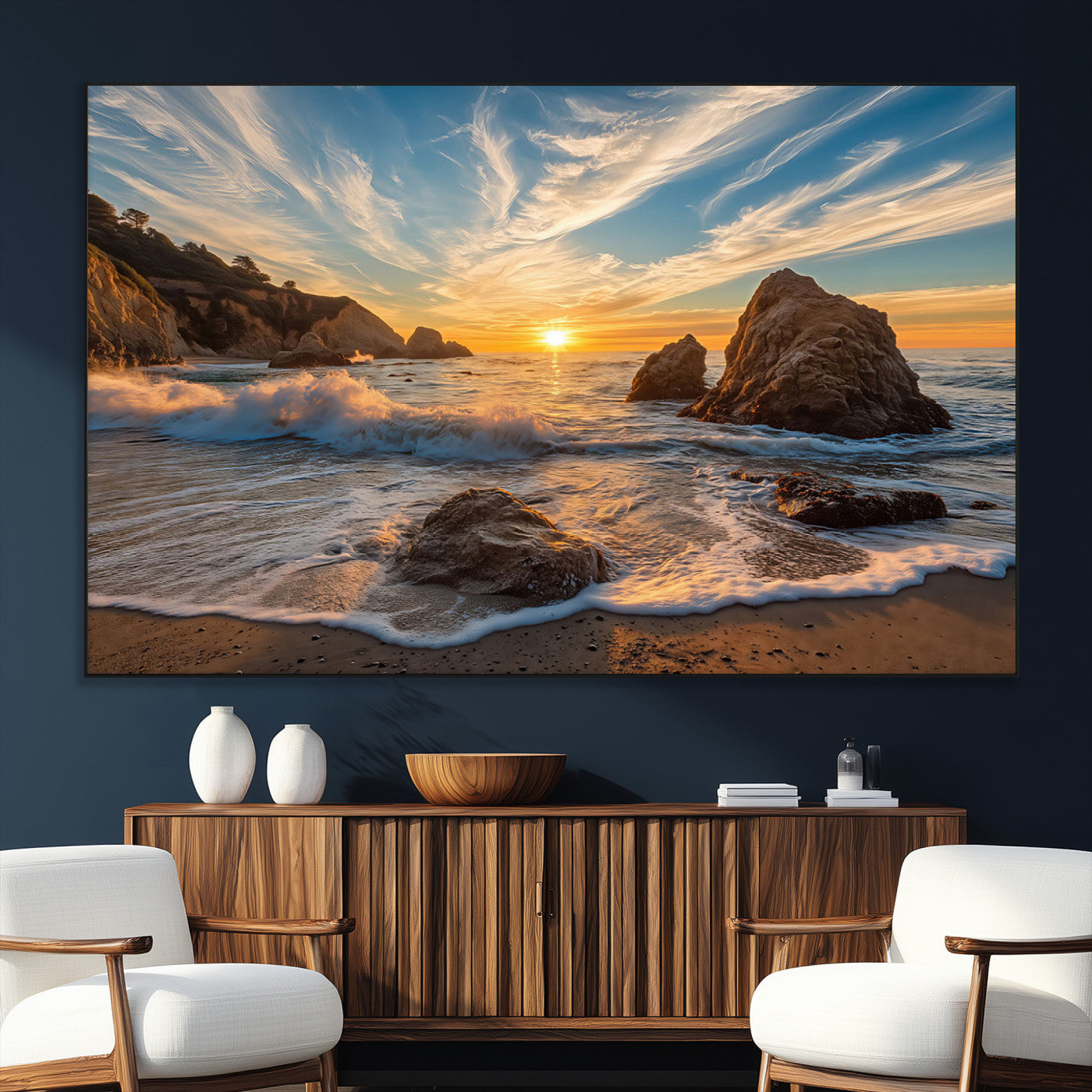 85659923-SEG-FC-51X34_Oversize_Oversize-Ocean Sunset Wall Art – Dramatic Seascape Canvas Print with Cliffs, Crashing Waves and Golden Sky, Bold Coastal Photography for