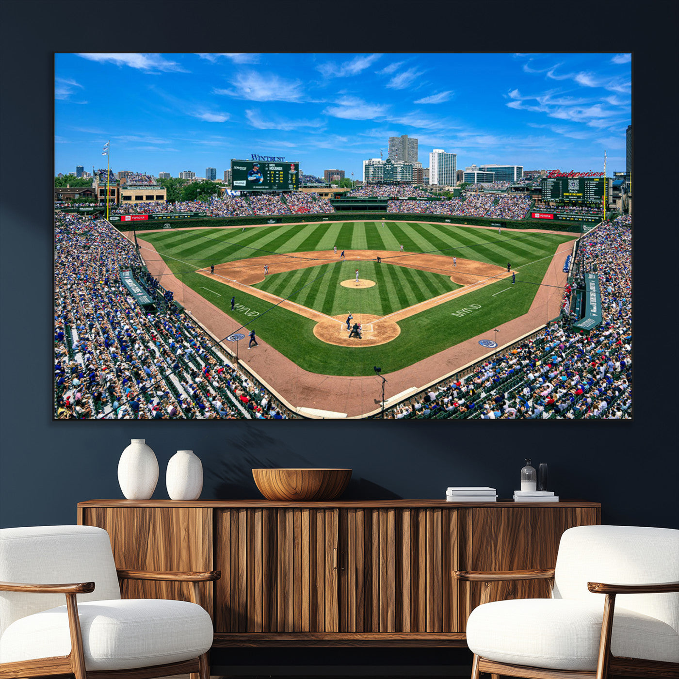 35800083-MGV-CV-36X24-Wrigley Field Baseball Stadium Canvas Wall Art – Packed Crowd Sports Stadium Print, City Skyline Baseball Field Canvas for Game