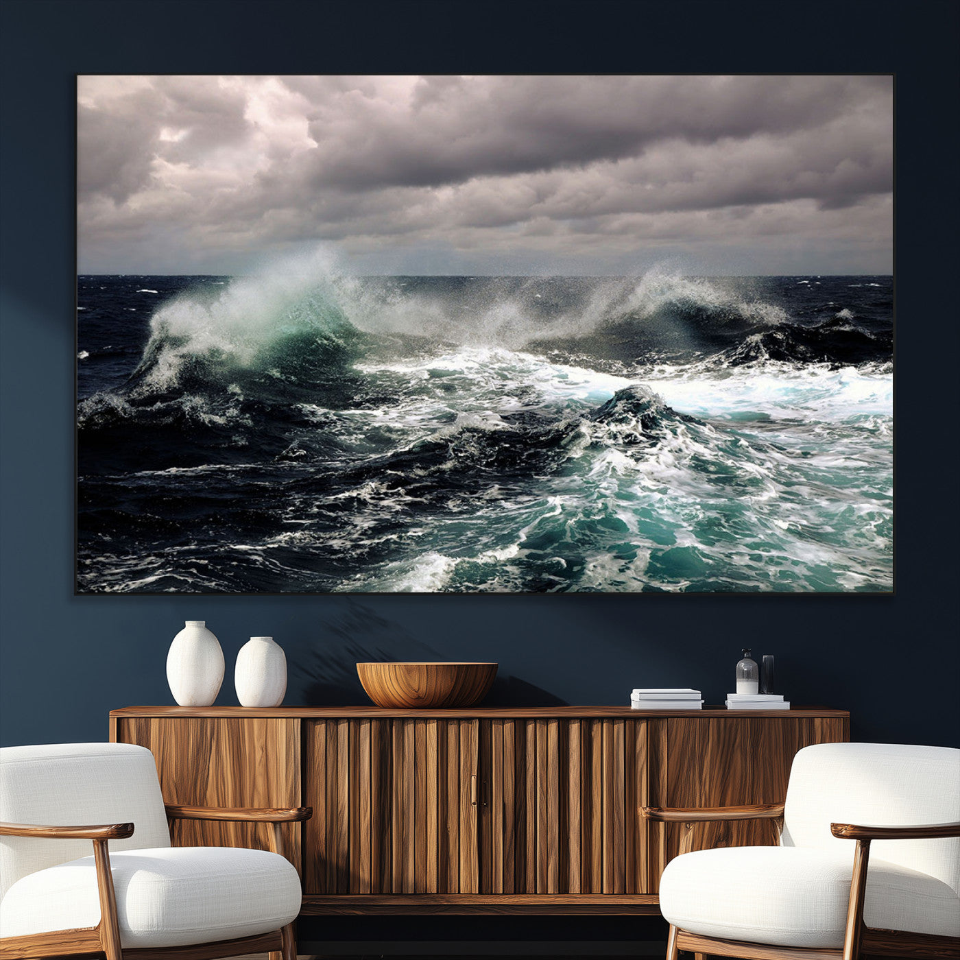 38622353-MGV-CV-36X24-Stormy Ocean Waves Canvas Wall Art – Framed Turbulent Sea Print, Large Nature Canvas for Coastal, Living Room, or Office Spaces