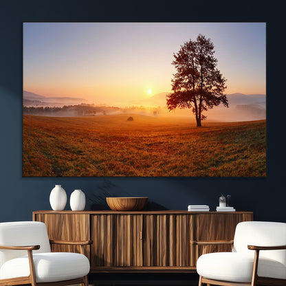 57919623-MGV-CV-36X24-Golden Sunrise Landscape Canvas Wall Art - Framed Misty Field Print, Large Nature Canvas for Living Room, Office, or Home Decor