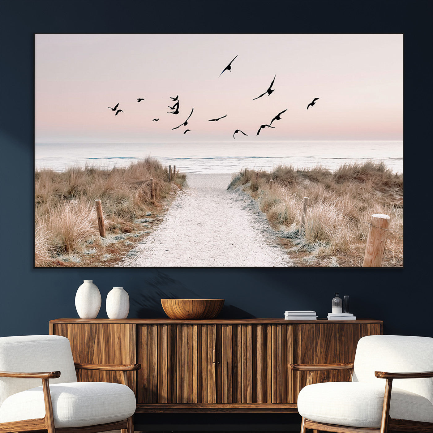 34632598-SEG-FC-51X34_Oversize_Oversize-Beach Pathway Wall Art – Coastal Canvas Print with Sandy Trail, Flying Birds and Pastel Sky, Serene Ocean Landscape Photography