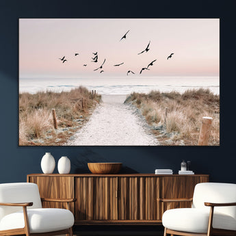 34632598-SEG-FC-51X34_Oversize_Oversize-Beach Pathway Wall Art – Coastal Canvas Print with Sandy Trail, Flying Birds and Pastel Sky, Serene Ocean Landscape Photography
