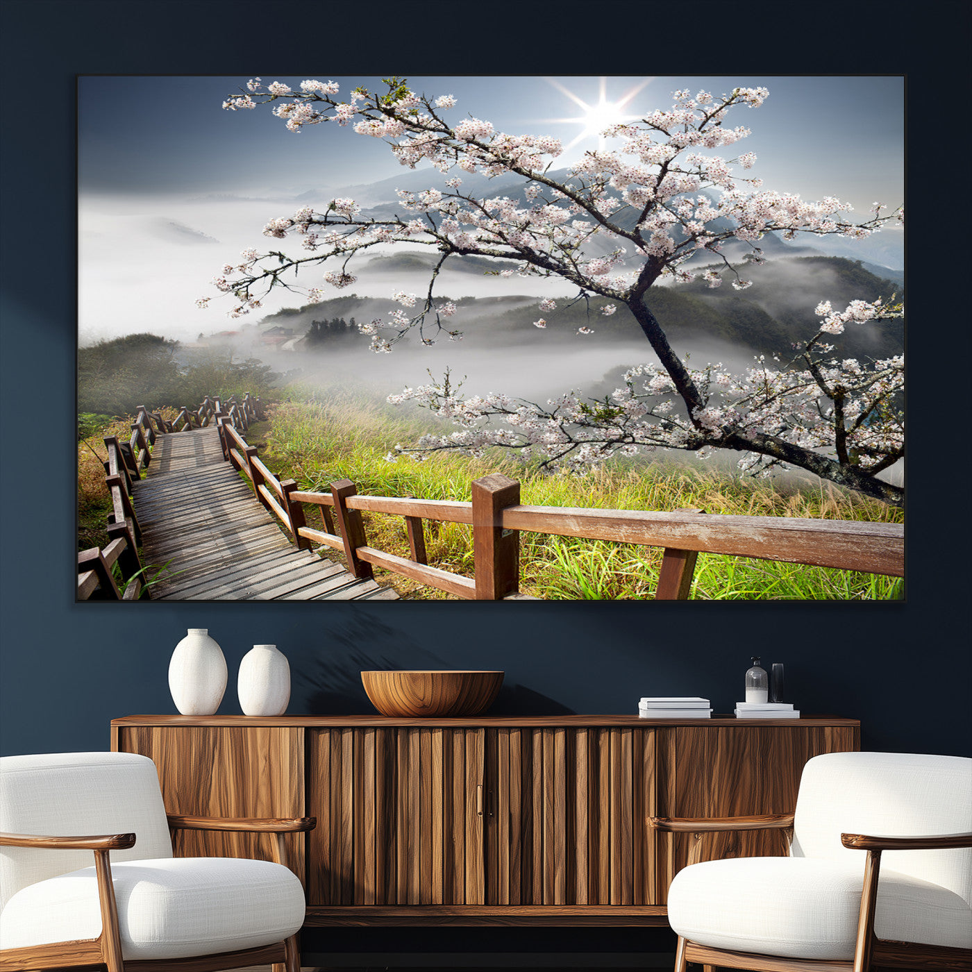 34632598CRY-SEG-FC-51X34_Oversize_Oversize-Cherry Blossom Wall Art – Scenic Asian Landscape Canvas Print with Wooden Walkway, Misty Mountains and Sunrise, Serene Nature
