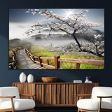 34632598CRY-SEG-FC-51X34_Oversize_Oversize-Cherry Blossom Wall Art – Scenic Asian Landscape Canvas Print with Wooden Walkway, Misty Mountains and Sunrise, Serene Nature