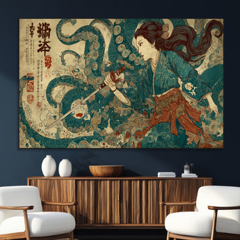 46837670-MGV-CV-36X24-Tsukioka Yoshitoshi Samurai Wall Art Print, Japanese Katana Warrior Canvas Wall Art, Octopus Sea Monster Canvas Print,