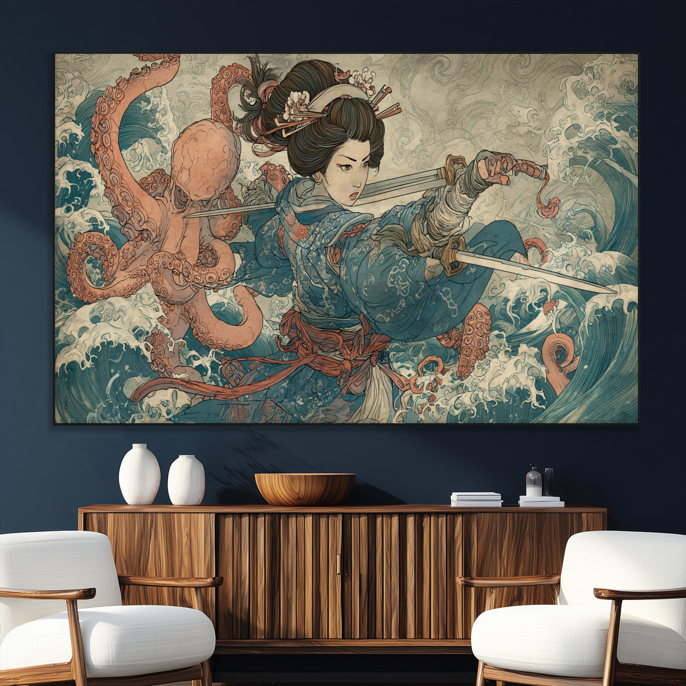 52037775-SEG-FC-51X34_Oversize_Oversize-Samurai Woman Wall Art – Japanese Ukiyo e Style Canvas Print with Katana, Ocean Waves and Octopus, Traditional Asian Inspired
