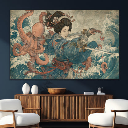 52037775-SEG-FC-51X34_Oversize_Oversize-Samurai Woman Wall Art – Japanese Ukiyo e Style Canvas Print with Katana, Ocean Waves and Octopus, Traditional Asian Inspired
