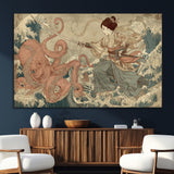 54879547-MGV-CV-36X24-Tsukioka Yoshitoshi Samurai Wall Art Print, Japanese Katana Warrior Canvas Wall Art, Octopus Sea Monster Canvas Print,