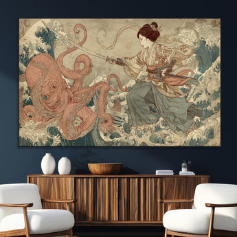 54879547-SEG-FC-51X34_Oversize_Oversize-Samurai Woman Wall Art – Japanese Ukiyo-e Style Canvas Print with Katana and Octopus, Traditional Asian Inspired Battle Artwork