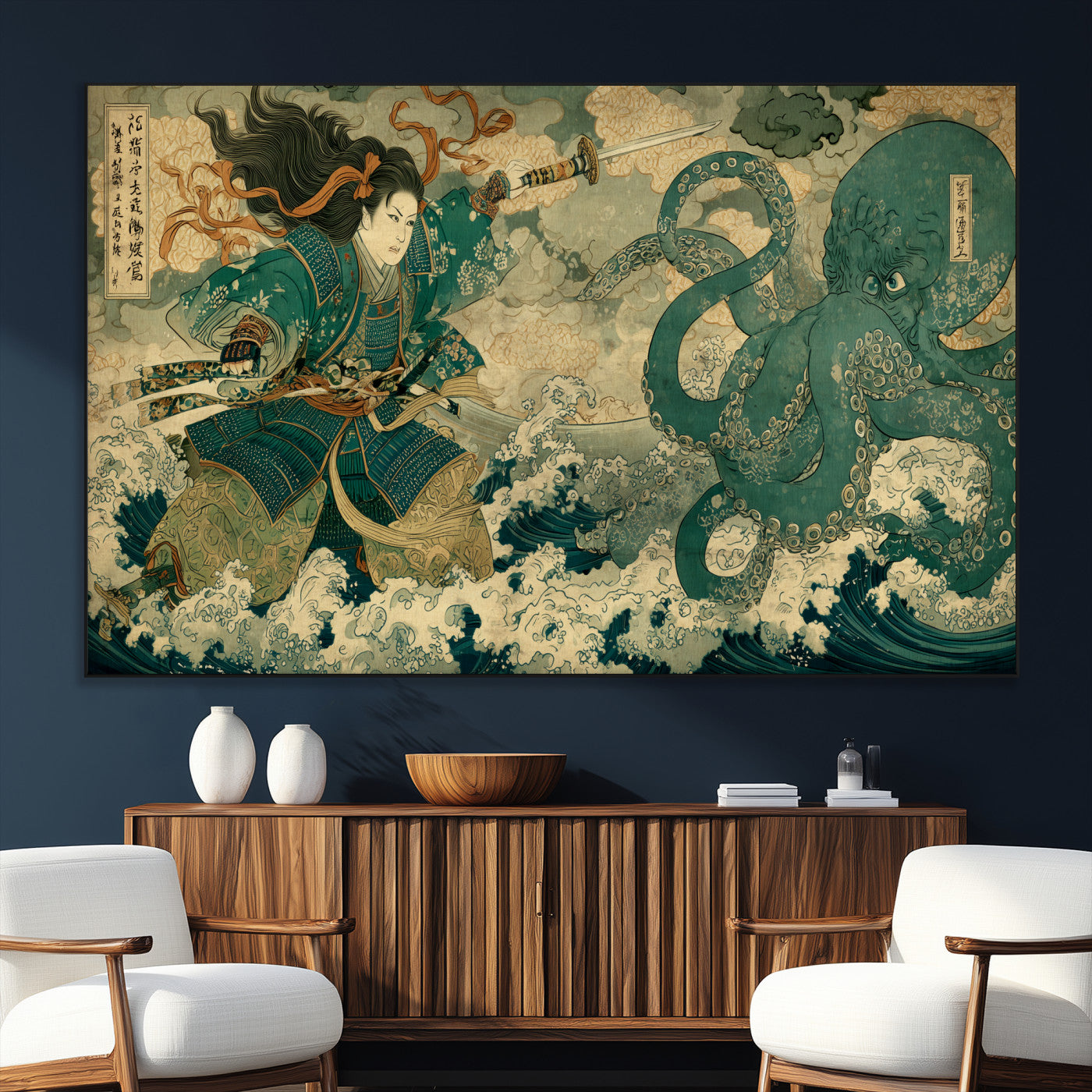 24416422-SEG-FC-51X34_Oversize_Oversize-Samurai vs Octopus Wall Art – Japanese Warrior Ocean Battle Canvas Print, Ukiyo e Inspired Decor for Home, Office, or Man Cave