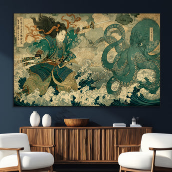 24416422-SEG-FC-51X34_Oversize_Oversize-Samurai vs Octopus Wall Art – Japanese Warrior Ocean Battle Canvas Print, Ukiyo e Inspired Decor for Home, Office, or Man Cave