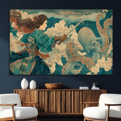 37943964-MGV-CV-36X24-Tsukioka Yoshitoshi Samurai Wall Art Print, Japanese Katana Warrior Canvas Wall Art, Octopus Sea Monster Canvas Print,