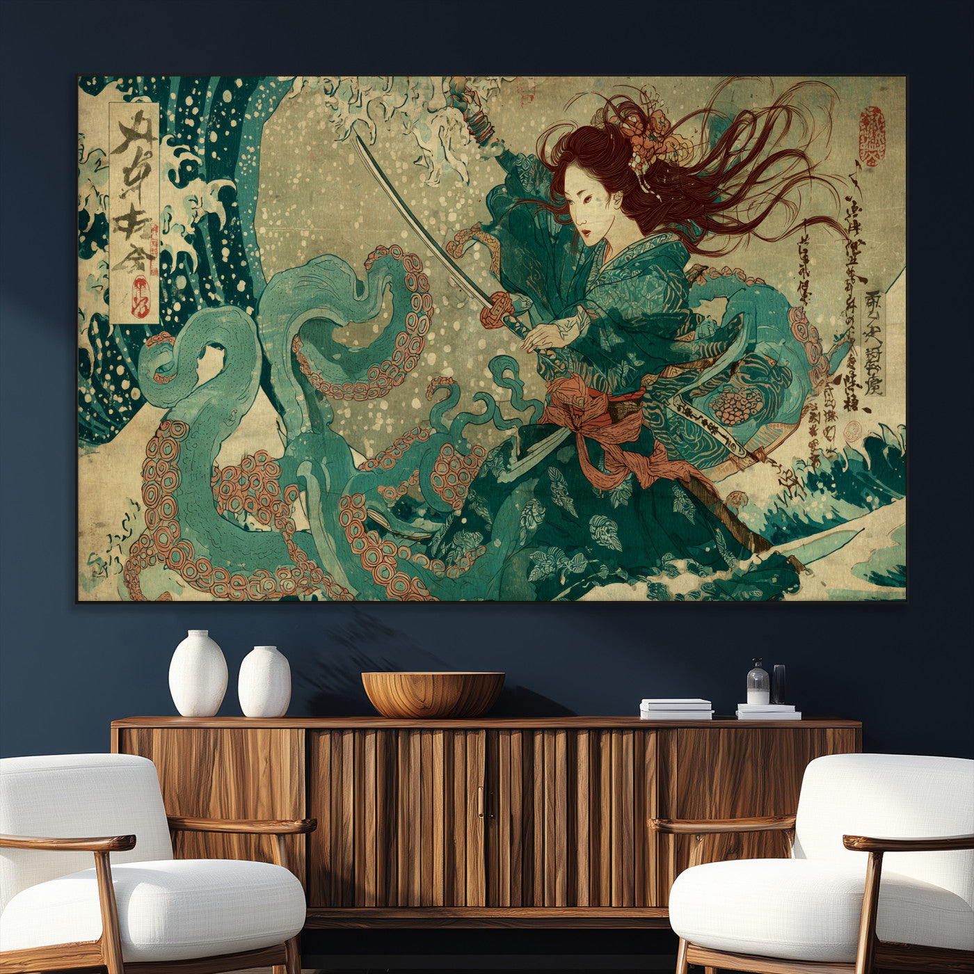 86918027-MGV-CV-36X24-Tsukioka Yoshitoshi Samurai Wall Art Print, Japanese Katana Warrior Canvas Wall Art, Octopus Sea Monster Canvas Print,