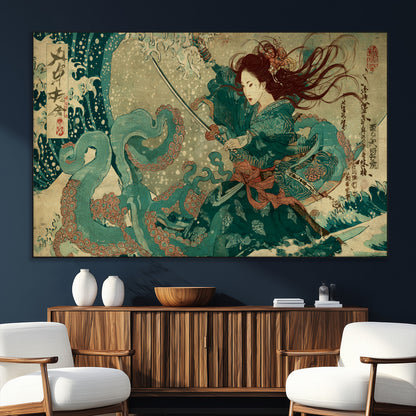 86918027-MGV-CV-36X24-Tsukioka Yoshitoshi Samurai Wall Art Print, Japanese Katana Warrior Canvas Wall Art, Octopus Sea Monster Canvas Print,