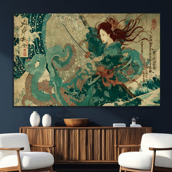86918027-SEG-FC-51X34_Oversize_Oversize-Samurai Warrior vs Octopus Wall Art – Japanese Ukiyo-e Ocean Battle Canvas Print, Traditional Samurai Artwork for Living Room,