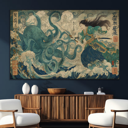60346622-SEG-FC-51X34_Oversize_Oversize-Samurai Warrior vs Octopus Wall Art – Japanese Ukiyo-e Style Ocean Battle Canvas Print, Traditional Samurai Artwork for Living