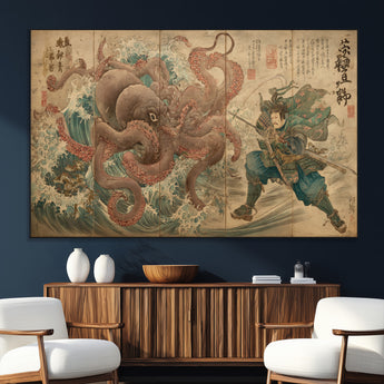 63782167-MGV-CV-36X24-Tsukioka Yoshitoshi Samurai Wall Art Print, Japanese Katana Warrior Canvas Wall Art, Octopus Sea Monster Canvas Print,