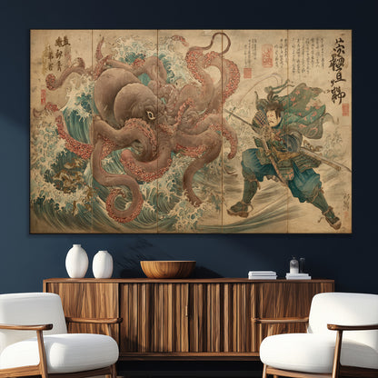 63782167-MGV-CV-36X24-Tsukioka Yoshitoshi Samurai Wall Art Print, Japanese Katana Warrior Canvas Wall Art, Octopus Sea Monster Canvas Print,