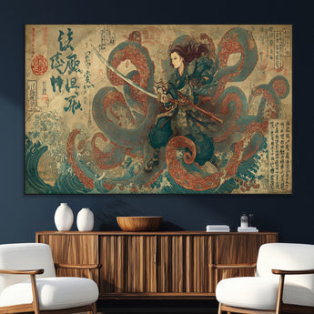 98593115-SEG-FC-51X34_Oversize_Oversize-Samurai Warrior vs Octopus Wall Art – Japanese Ukiyo-e Calligraphy Canvas Print, Ocean Battle Scene Artwork for Living Room,