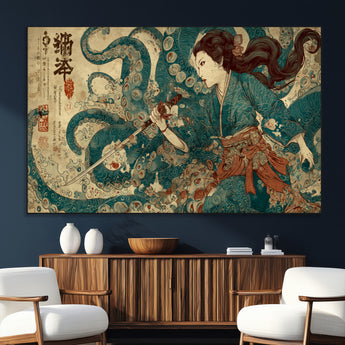 18575670-SEG-FC-51X34_Oversize_Oversize-Samurai Woman vs Octopus Wall Art – Japanese Ukiyo-e Ocean Battle Canvas Print, Traditional Warrior Artwork for Living Room,