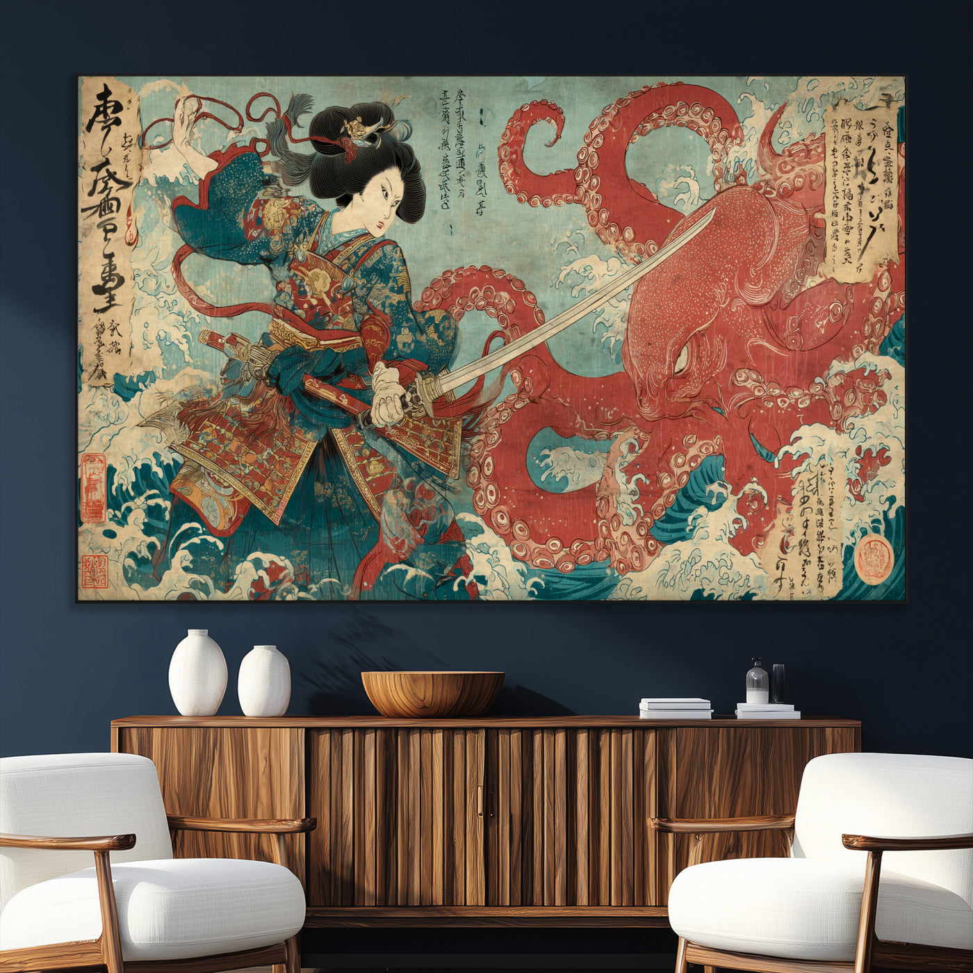 68844327-MGV-CV-36X24-Tsukioka Yoshitoshi Samurai Wall Art Print, Japanese Katana Warrior Canvas Wall Art, Octopus Sea Monster Canvas Print,