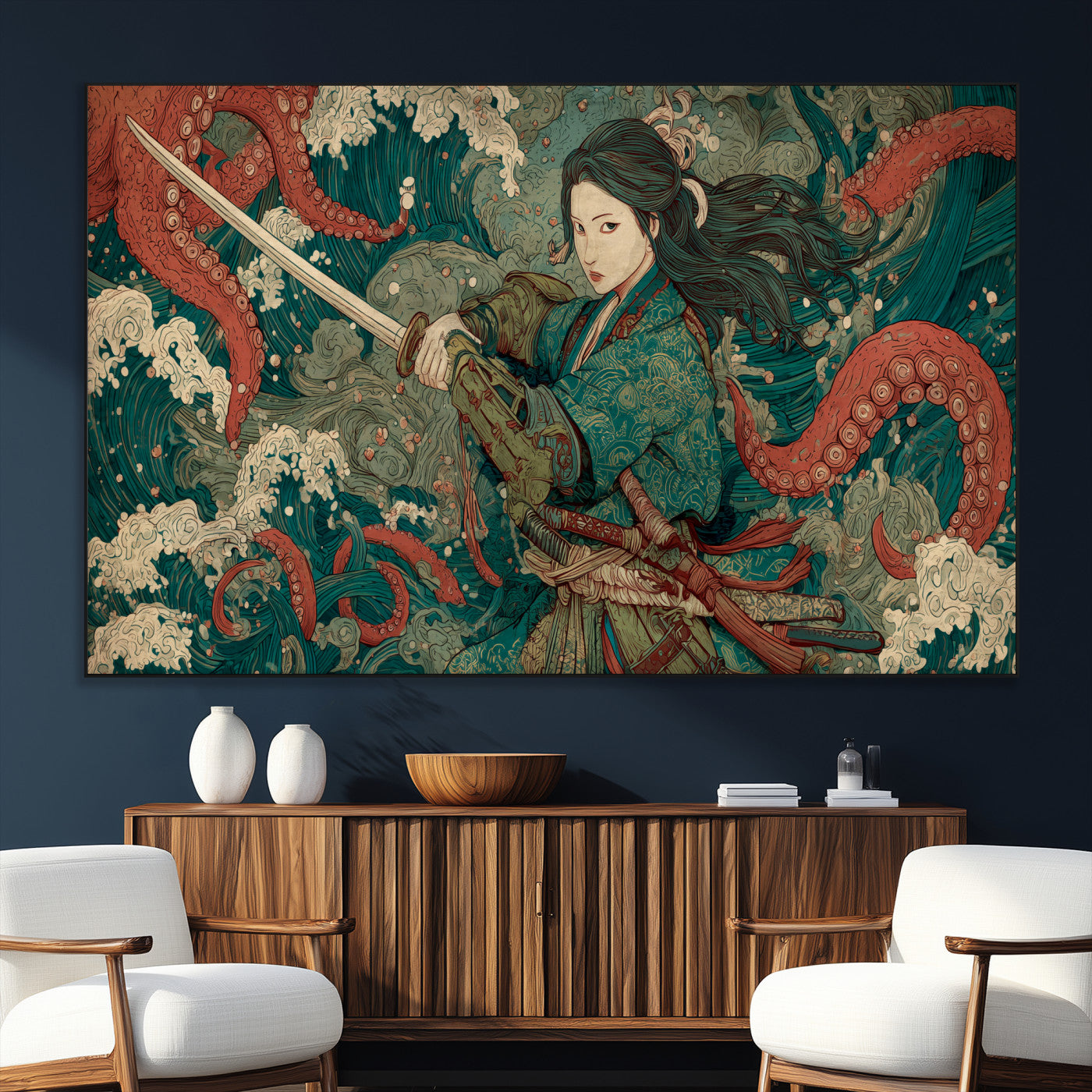 35461724-SEG-FC-51X34_Oversize_Oversize-Samurai Woman vs Octopus Wall Art – Japanese Ukiyo-e Ocean Waves Canvas Print, Red Tentacle Battle Artwork for Living Room,