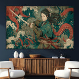 35461724-SEG-FC-51X34_Oversize_Oversize-Samurai Woman vs Octopus Wall Art – Japanese Ukiyo-e Ocean Waves Canvas Print, Red Tentacle Battle Artwork for Living Room,