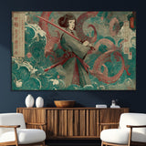 91666601-SEG-FC-51X34_Oversize_Oversize-Samurai Woman vs Octopus Wall Art – Japanese Ukiyo-e Green Robe Canvas Print, Ocean Battle Artwork for Living Room, Office, Man