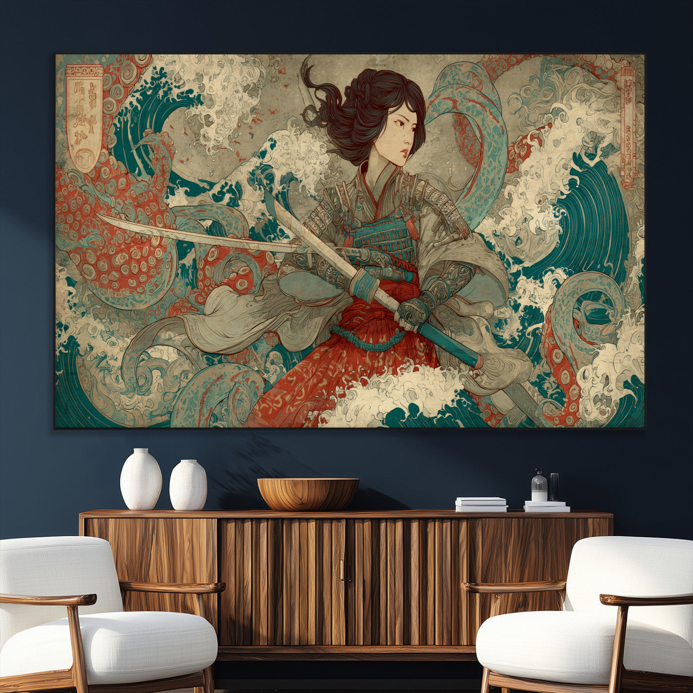 37797255-SEG-FC-51X34_Oversize_Oversize-Samurai Woman vs Octopus Wall Art – Japanese Ukiyo-e Red Armor Ocean Battle Canvas Print, Warrior Artwork for Living Room, Office,