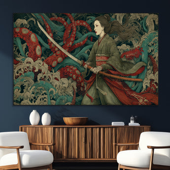 18902796-SEG-FC-51X34_Oversize_Oversize-Samurai Woman vs Octopus Wall Art – Japanese Ukiyo-e Green Kimono Canvas Print, Ocean Battle Scene Artwork for Living Room,