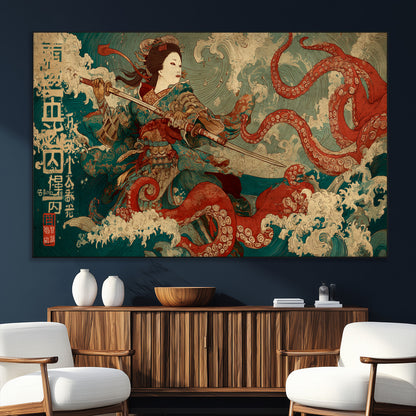 60201267-SEG-FC-51X34_Oversize_Oversize-Samurai Woman vs Octopus Wall Art – Japanese Ukiyo-e Armor Canvas Print, Red Tentacle Ocean Battle Artwork for Living Room,