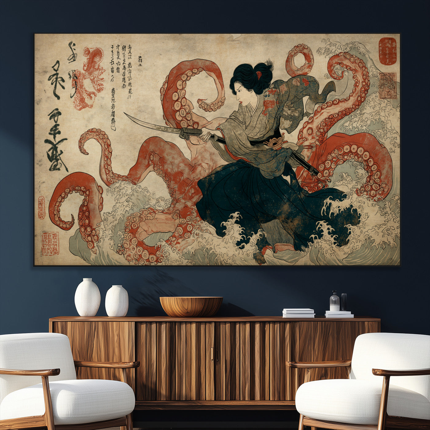 82737246-SEG-FC-51X34_Oversize_Oversize-Samurai Woman vs Octopus Wall Art – Japanese Ukiyo-e Dual Sword Canvas Print, Red Tentacle Ocean Battle Artwork for Living Room,