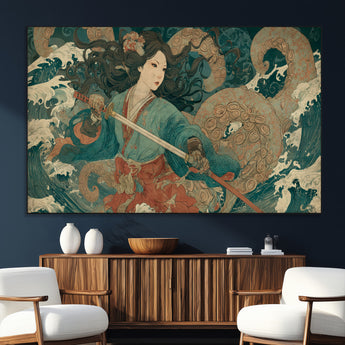 79740258-MGV-CV-36X24-Tsukioka Yoshitoshi Samurai Wall Art Print, Japanese Katana Warrior Canvas Wall Art, Octopus Sea Monster Canvas Print,