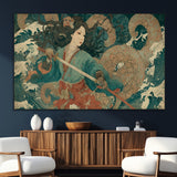 79740258-SEG-FC-51X34_Oversize_Oversize-Samurai Woman vs Octopus Wall Art – Japanese Ukiyo-e Blue Kimono Canvas Print, Ocean Battle Artwork for Living Room, Office, Man