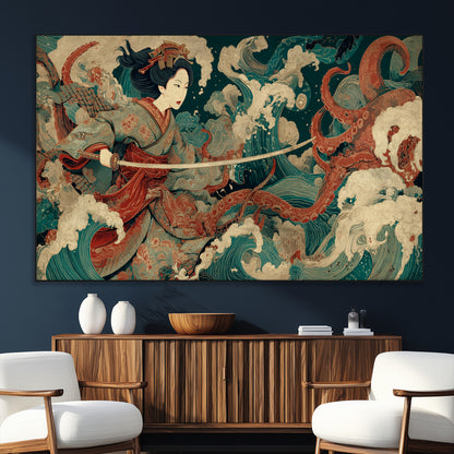30212982-SEG-FC-51X34_Oversize_Oversize-Samurai Woman vs Octopus Wall Art – Japanese Ukiyo-e Style Warrior and Sea Monster Canvas Print, Mythology Inspired Artwork for