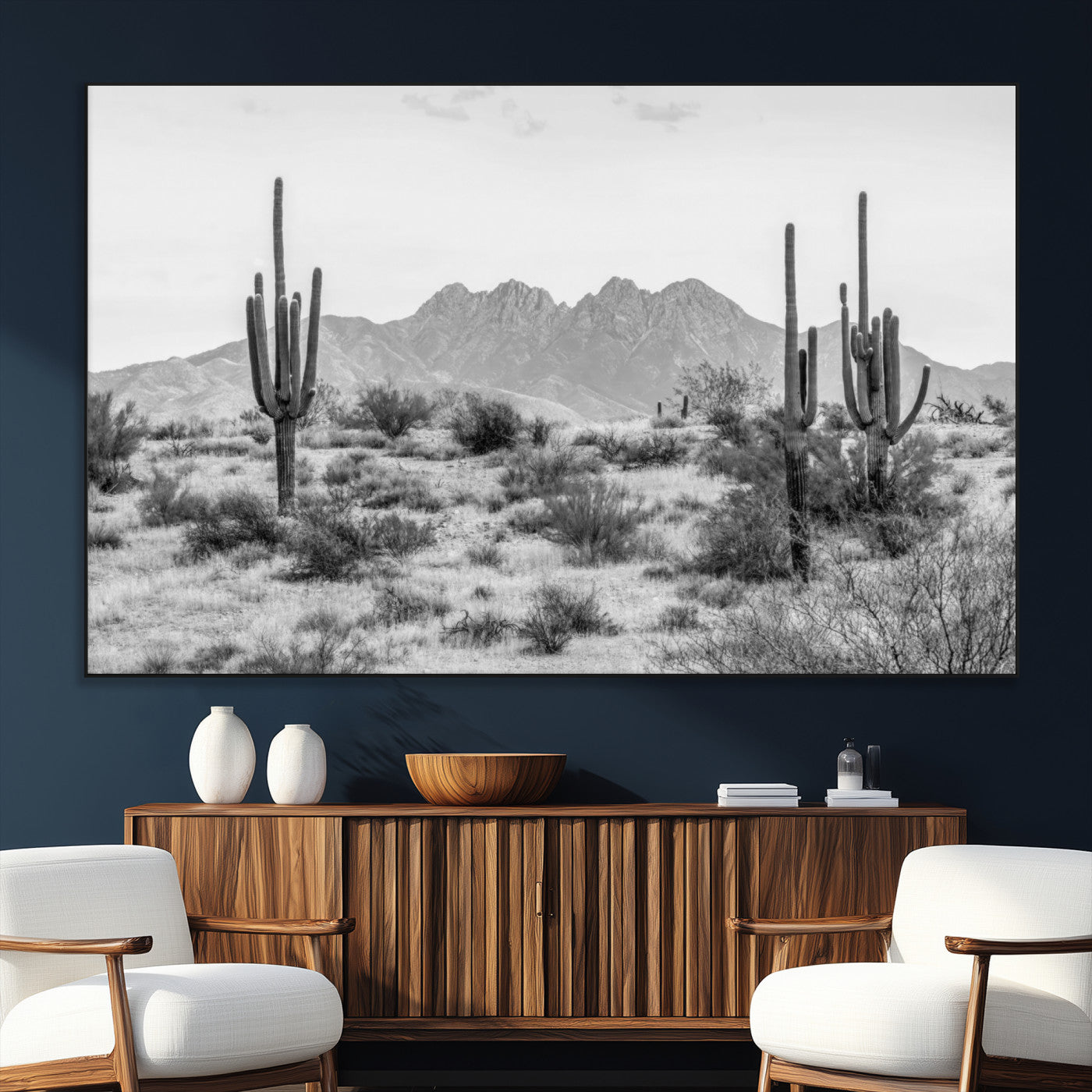 97436PHN-MGV-CV-36X24-Desert Landscape Wall Art – Black and White Cactus and Mountain Canvas Print, Southwestern Nature Photography for Living Room,