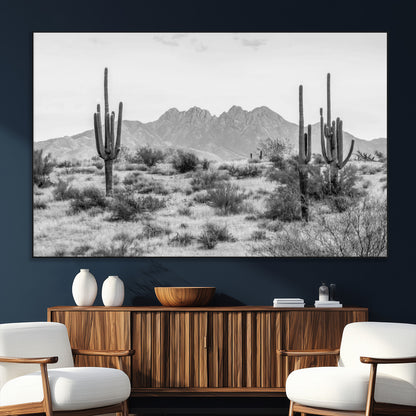 97436PHN-MGV-CV-36X24-Desert Landscape Wall Art – Black and White Cactus and Mountain Canvas Print, Southwestern Nature Photography for Living Room,