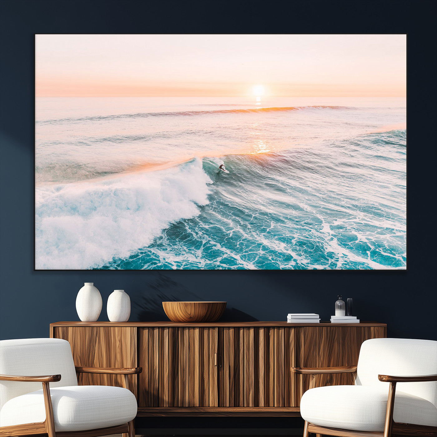34064591-SEG-FC-51X34_Oversize_Oversize-Surfing Wall Art – Sunset Ocean Wave Canvas Print, Surfer Riding Sea Photography Decor for Bedroom, Living Room, Office, Coastal