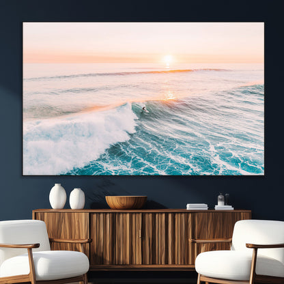 34064591-SEG-FC-51X34_Oversize_Oversize-Surfing Wall Art – Sunset Ocean Wave Canvas Print, Surfer Riding Sea Photography Decor for Bedroom, Living Room, Office, Coastal