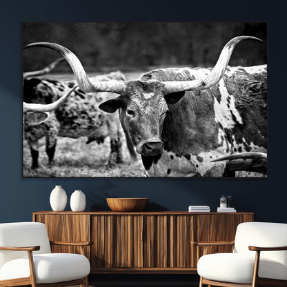 15425553-SEG-FC-51X34_Oversize_Oversize-Western Wall Art – Longhorn Cattle Black and White Canvas Print, Rustic Ranch Photography Decor for Bedroom, Living Room, Office,