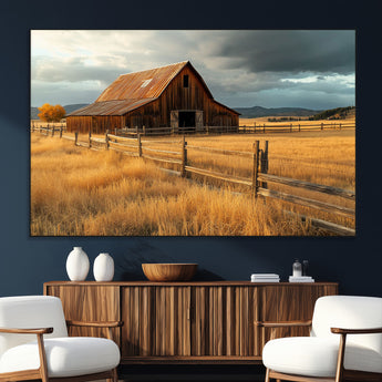 16480179-SEG-FC-51X34_Oversize_Oversize-Farmhouse Wall Art – Rustic Barn and Golden Field Canvas Print, Country Landscape Photography Decor for Bedroom, Living Room,