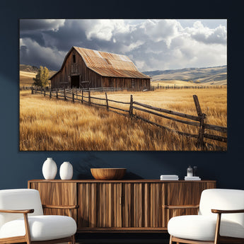 23718739-SEG-FC-51X34_Oversize_Oversize-Farmhouse Wall Art – Rustic Barn and Golden Wheat Field Canvas Print, Country Landscape Photography Decor for Bedroom, Living