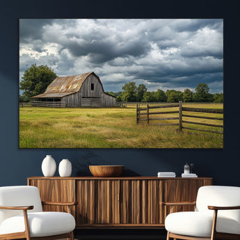 39409517-SEG-FC-51X34_Oversize_Oversize-Rustic Barn Wall Art – Weathered Farmhouse and Storm Clouds Canvas Print, Country Landscape Photography Decor for Bedroom, Living
