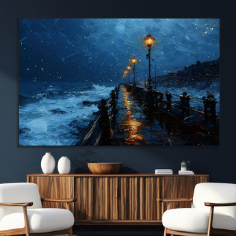 48300530-MGV-CV-36X24-Dark Stormy Pier Canvas Wall Art – Moody Ocean Night Scene with Street Lamps, Blue Coastal Seascape Print for Bedroom, Office, or