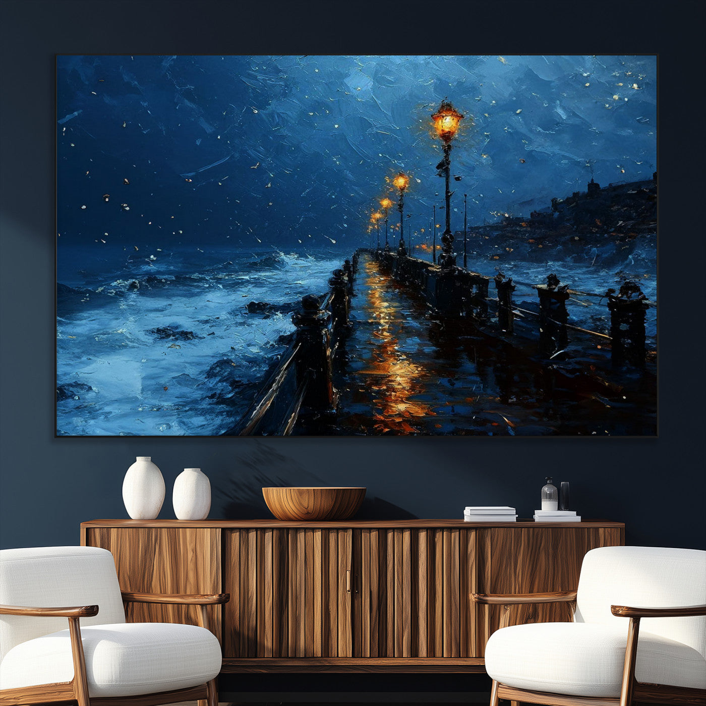 48300530-SEG-FC-51X34_Oversize_Oversize-Night Pier Wall Art – Moody Ocean Boardwalk Canvas Print, Impressionist Coastal Seascape Painting Decor for Living Room, Office,
