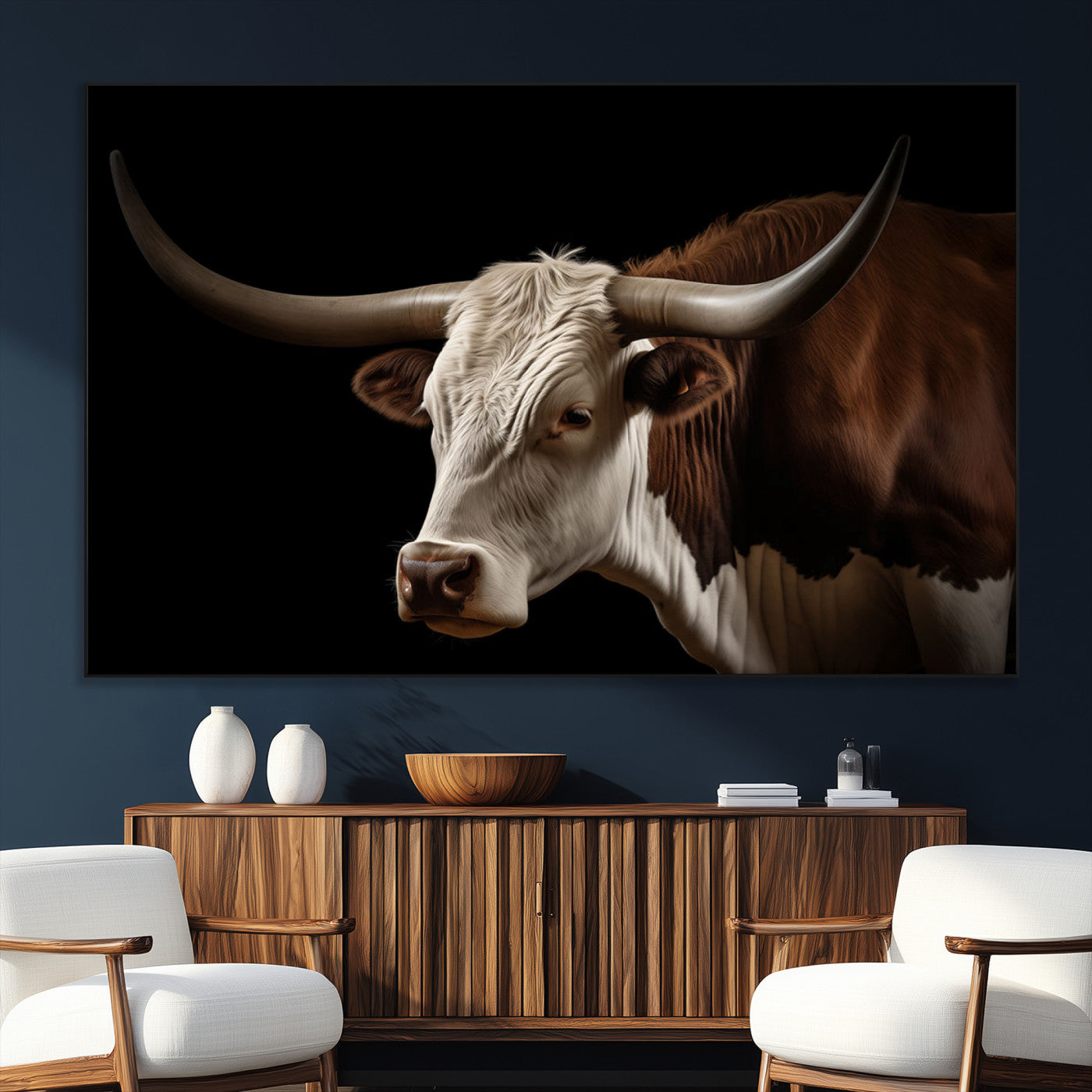 27414857-MGV-CV-36X24-Texas Longhorn Bull Canvas Wall Art – Rustic Western Farmhouse Decor, Brown & White Cow Portrait, Animal Print for Ranch Home