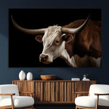 27414857-MGV-CV-36X24-Texas Longhorn Bull Canvas Wall Art – Rustic Western Farmhouse Decor, Brown & White Cow Portrait, Animal Print for Ranch Home