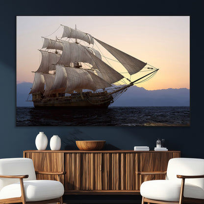99957679-SEG-FC-51X34_Oversize_Oversize-Majestic Sailing Ship Wall Art – Sunset Ocean Voyage, Classic Tall Ship with Wind Filled Sails Canvas Print for Home, Office,